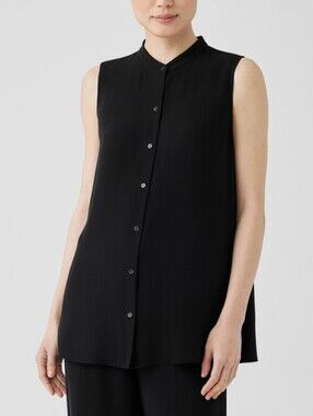 Eileen Fisher Top Black Silk Georgette Crepe Sleeveless Shirt SzXL